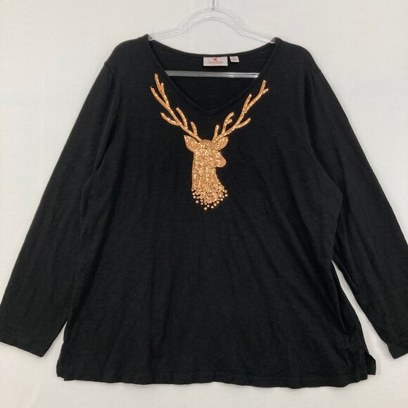 Quacker Factory size XL Black Sequins Deer Stretch Knit Pullover Comfy Top - Picture 1 of 8